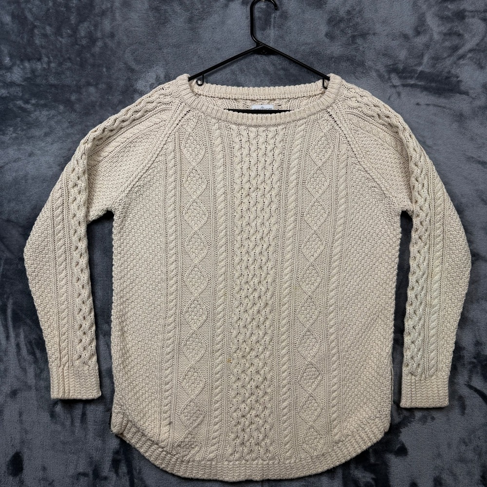 LL Bean Signature Sweater Womens L Cream Cable Knit Side Zip Raglan Pullover